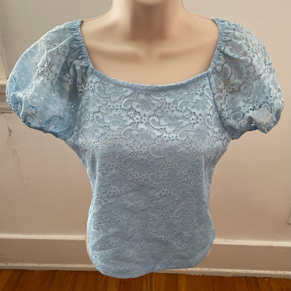 NWT Lilt girl light baby Easter blue lace puff sleeves crop top blouse, size 14